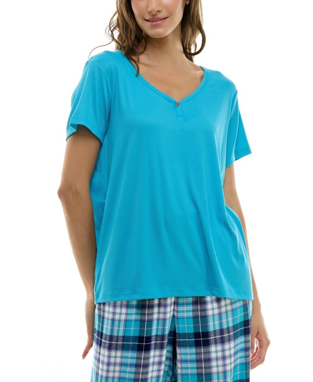 NWT Roudelain Women's Short-Sleeve Ribbed Henley Sleep Top - Maui Blue